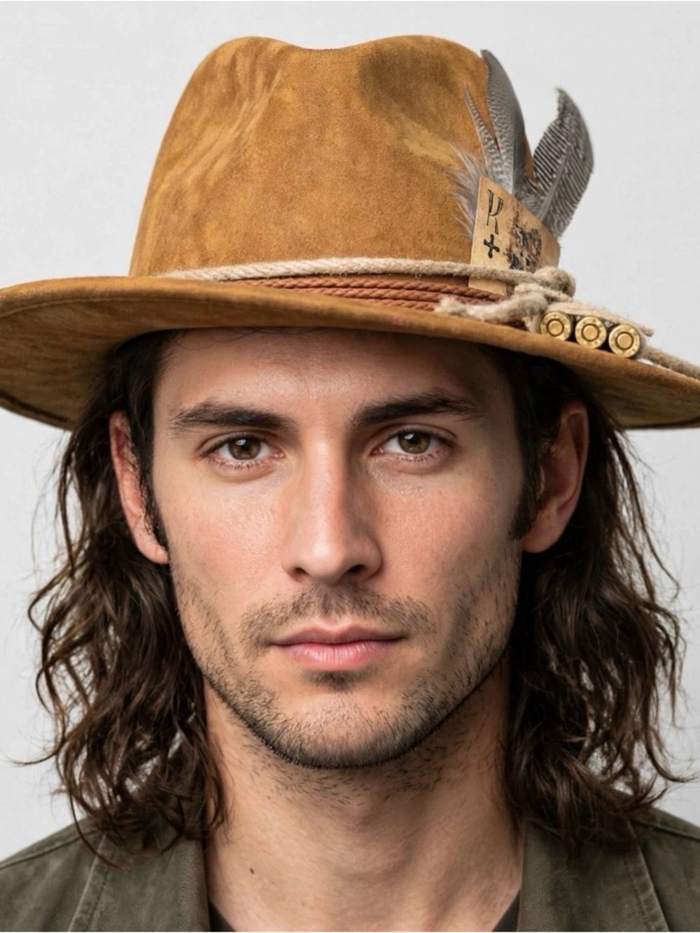 Unique Tan Feather-Decorated Men's Hat M